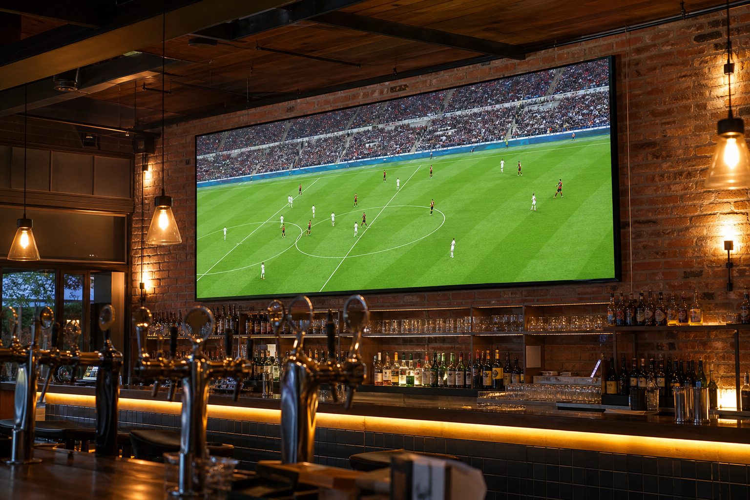 Large LED video wall showing live sport above the bar in a pub