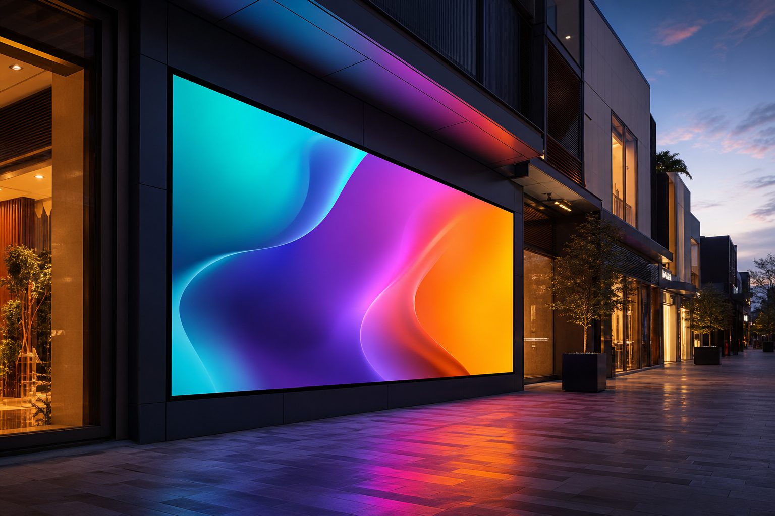Bright digital signage LED wall on a retail storefront at dusk